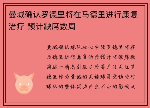 曼城确认罗德里将在马德里进行康复治疗 预计缺席数周 曼城确认罗德里将在马德里进行康复治疗 预计缺席数周