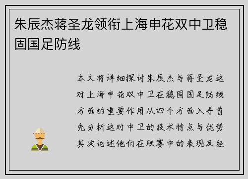 朱辰杰蒋圣龙领衔上海申花双中卫稳固国足防线 朱辰杰蒋圣龙领衔上海申花双中卫稳固国足防线